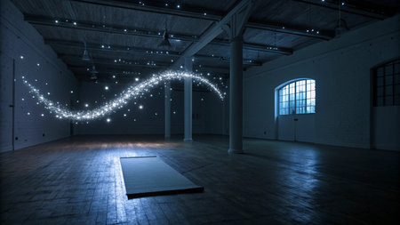 3D rendering of an empty room with a yoga mat and lightsの写真素材