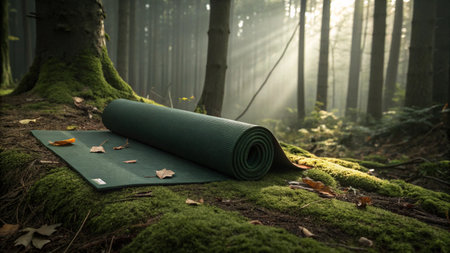 Yoga mat on green moss in the forest at early morning.の写真素材