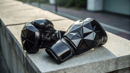 Pair of black boxing gloves lying on a stone parapet.の写真素材