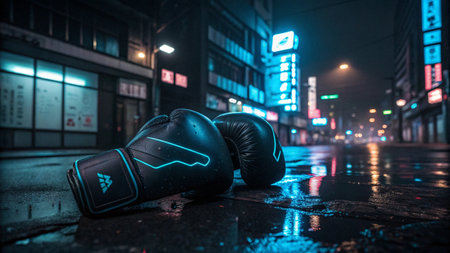 Pair of boxing gloves on the street at night. 3D rendering.の写真素材