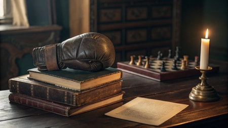 Old books with leather boxing glove and chess pieces on a wooden tableの写真素材