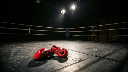 Red boxing gloves on the floor of a boxing ring in the darkの写真素材