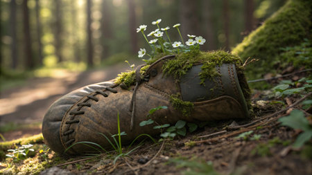 Old shoe in the forest with wildflowers on the ground.の写真素材