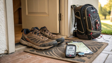Hiking boots, compass and map on the doorstep of the houseの写真素材