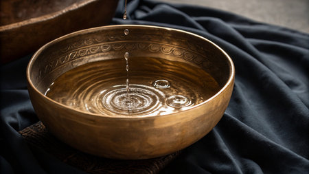 Buddhist bowl of water on a black fabric background. Selective focus.の写真素材