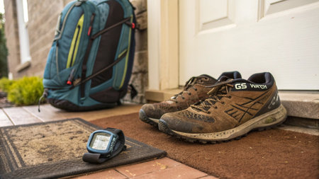 Close up of trekking shoes and glucometer on doorstep.の写真素材