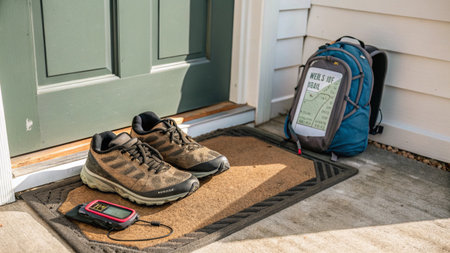 Sneakers on the doormat with a digital glucometerの写真素材
