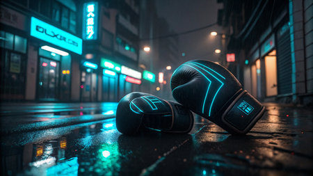 Boxing gloves on a wet street at night. 3D rendering.の写真素材