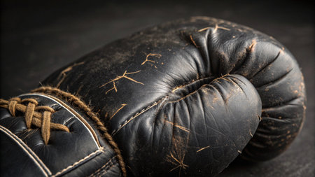 Old leather boxing gloves on a dark background. Close-up.の写真素材
