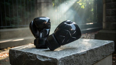 Pair of black boxing gloves on a stone bench in the parkの写真素材