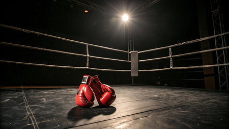 Boxing gloves on the floor of a boxing ring with a dark backgroundの写真素材