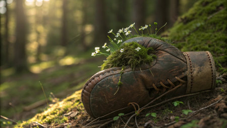 Old shoes in the forest with moss and flowers, shallow depth of field