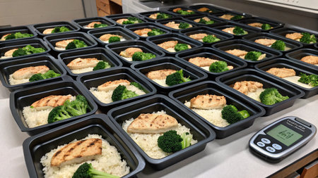Bowls of rice, broccoli and chicken with a weight scaleの写真素材