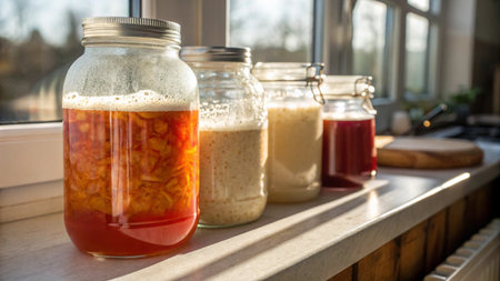 Jars with different sauces on the windowsill in the kitchen.の写真素材