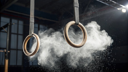 Gymnastics rings with white powder, close-up.の写真素材