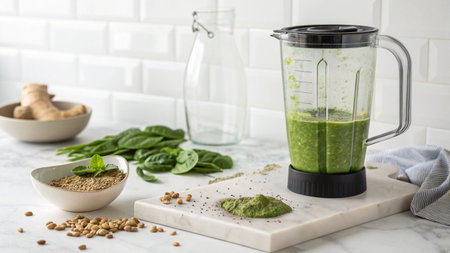 Blender with tasty green smoothiele board, closeupの写真素材
