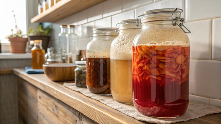Glass jars with compote of different fruits and vegetables on the kitchen counterの写真素材