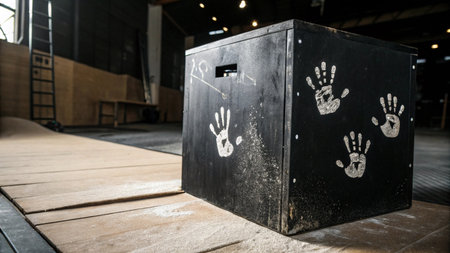 Hand prints on box on wood floor in warehouse, stock photoの写真素材