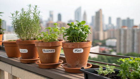 Fresh herbs growing in terracotta pots on the balcony with cityscape viewの写真素材