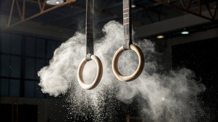 Pair of gymnastic rings in a crossfit gym. Sport conceptの写真素材