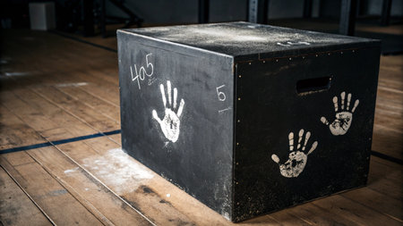Hand print on a black box in a gym, conceptual image.の写真素材