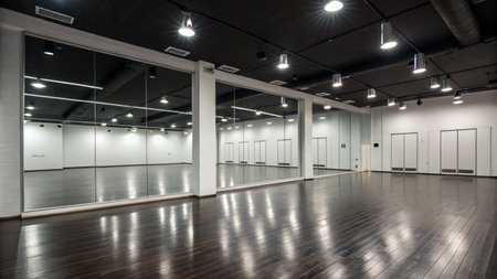interior of modern art gallery with empty white walls and wooden floorの写真素材