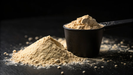 Powdered wheat flour in a measuring spoon on a black background.の写真素材