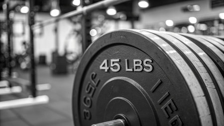 Barbells in a gym. Black and white photo with shallow depth of fieldの写真素材
