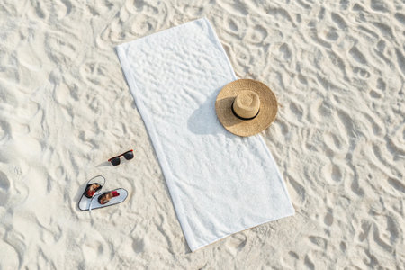 Top view of white towel, sunglasses and straw hat on sand beach