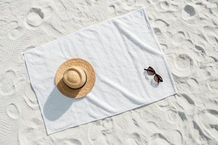 Top view of straw hat, sunglasses and towel on white sand background
