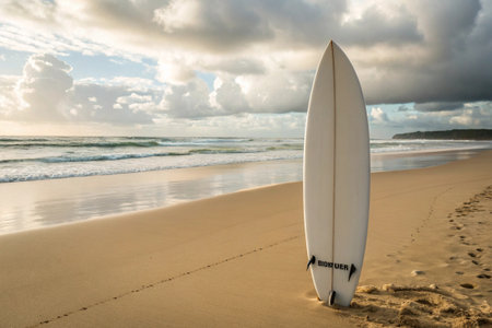 Surfboard on a sandy beach at sunset with clouds in the skyの写真素材