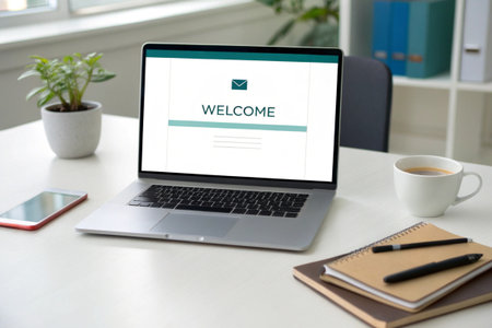 Laptop screen displaying a webinar concept on a desk in a modern office