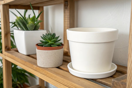 Cactus and succulent plants in white pots on wooden shelf.