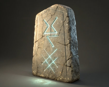 3d rendering of a stone with a neon sign on it.の写真素材