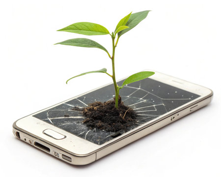 Smartphone with green plant on white background. Smartphone concept.の写真素材