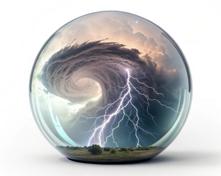 Storm in a crystal ball on a white background. 3D illustration.