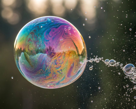 Soap bubbles in the water with bokeh background, close up