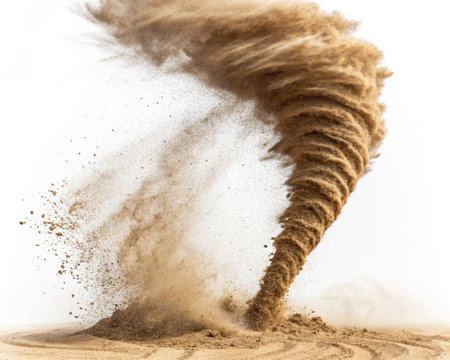 Sand explosion isolated on white background. Abstract sand dune texture.
