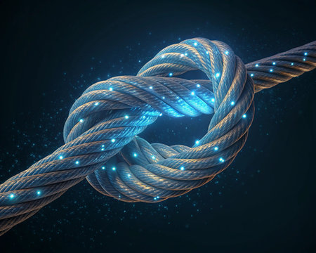 Rope knot with blue lights on dark background. 3d illustration