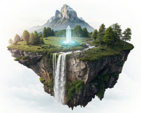 Waterfall floating in the air with trees and mountains in the backgroundの写真素材