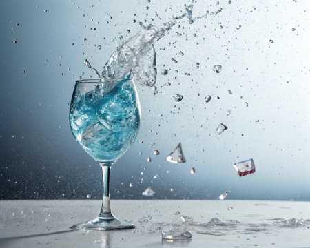 Blue water splashing out of a glass with ice cubes on gray background