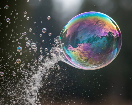 Soap bubbles fly in the air against the background of nature.