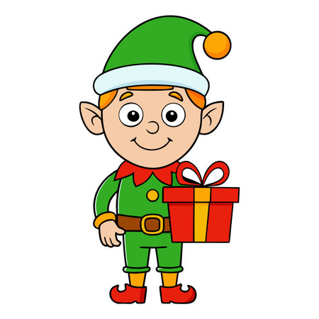 Christmas elf with gift box. Cartoon vector illustration isolated on white background.のイラスト素材