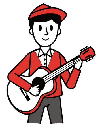 Young man playing guitar in a red shirt and a cap, vector illustrationのイラスト素材