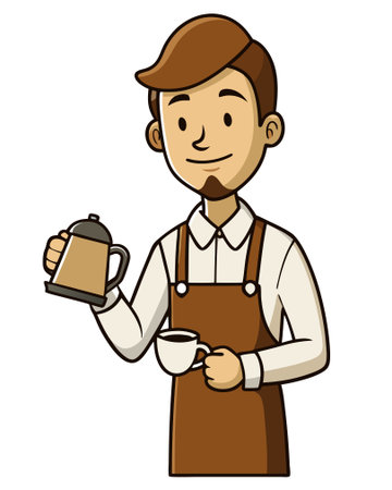 Coffee shop worker with a cup of coffee. Vector illustration.のイラスト素材