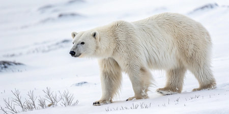 a majestic polar bear walks through the snow covered landscape, a winter scene. 83の写真素材