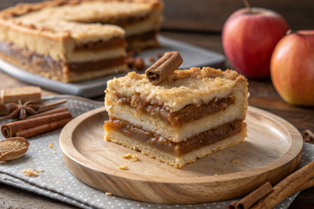 A slice of apple pie with cinnamon on a wooden plate, perfect for autumn dessert.