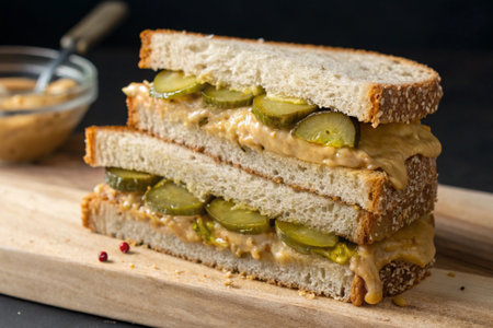 a delicious peanut butter and pickle sandwich stack on a wooden board. Gourmet food.の写真素材
