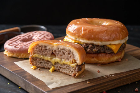 a donut burger with melted cheese on a wooden board, a delicious and unique snack.の写真素材