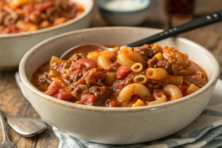a hearty bowl of american goulash ready to eat. a classic comfort food recipe.の写真素材